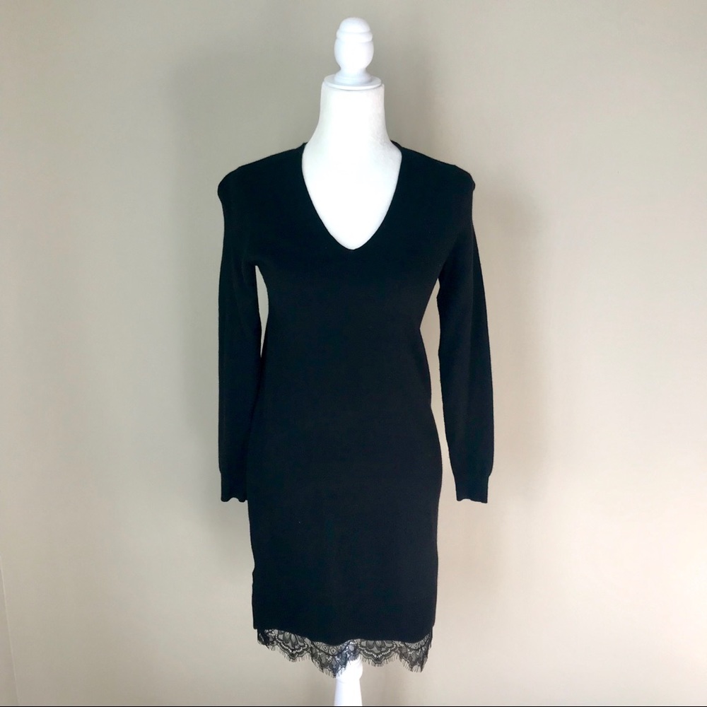 Ann Taylor Factory Black Long Sleeve Dress with Lace Hem